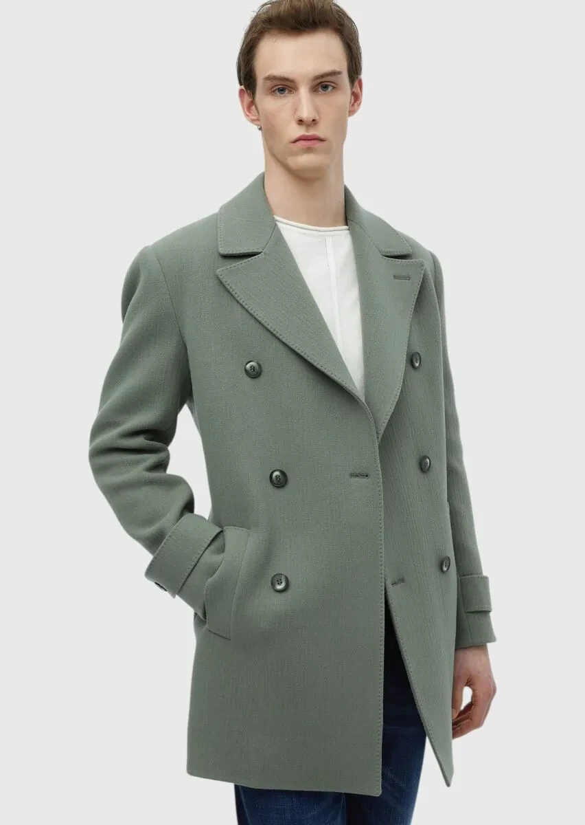 Light Green Regular Fit Double Breasted Collar Casual Weaving Overcoat - 1