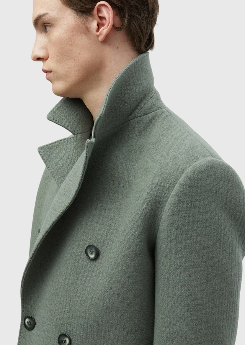 Light Green Regular Fit Double Breasted Collar Casual Weaving Overcoat - 6