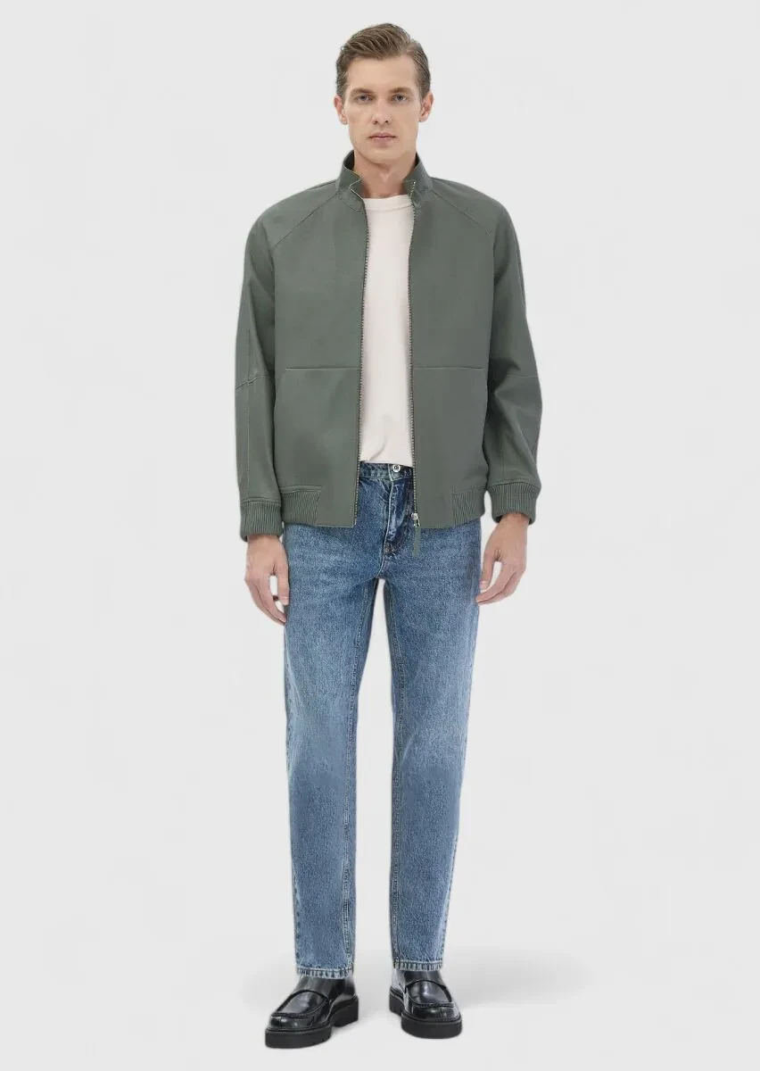 Light Green Regular Fit Turtleneck Casual Suede Leather Coat - 2