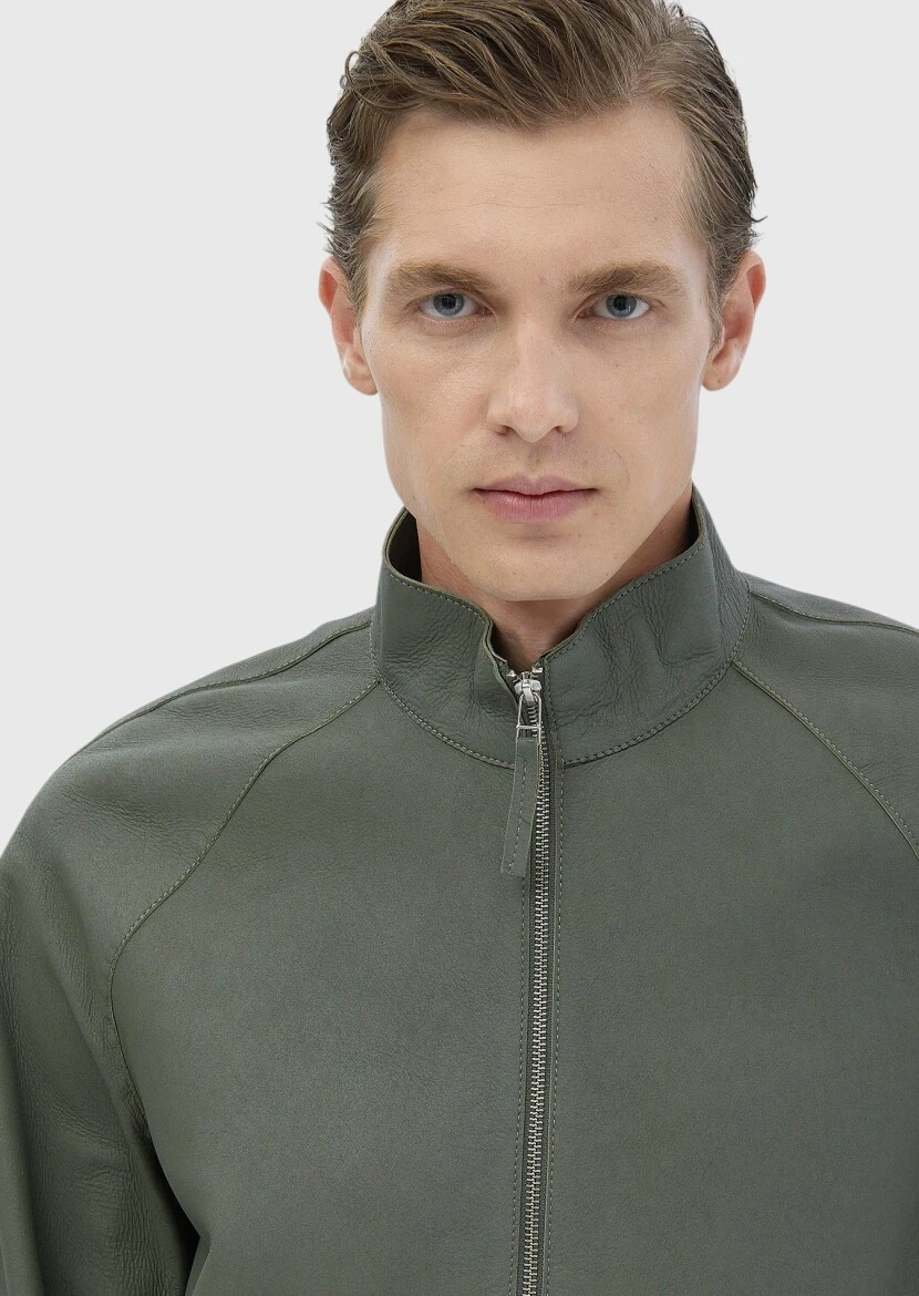 Light Green Regular Fit Turtleneck Casual Suede Leather Coat - 4