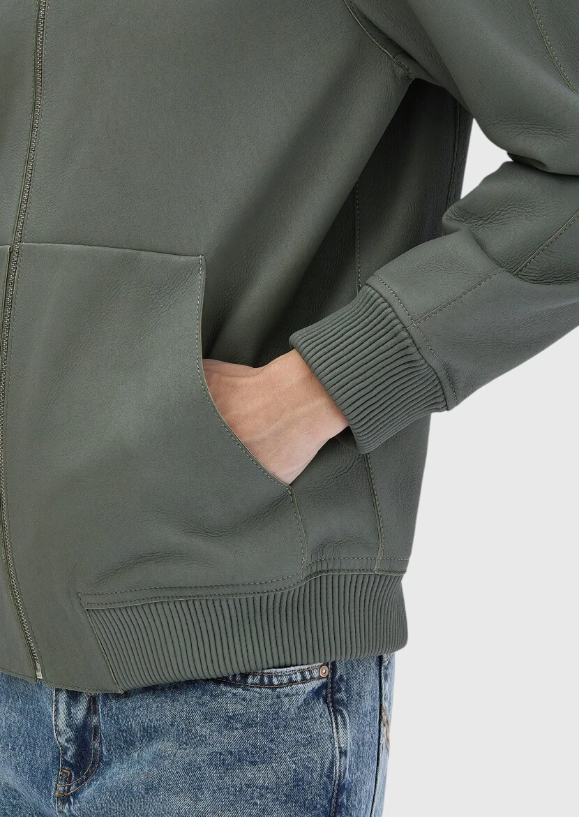 Light Green Regular Fit Turtleneck Casual Suede Leather Coat - 5