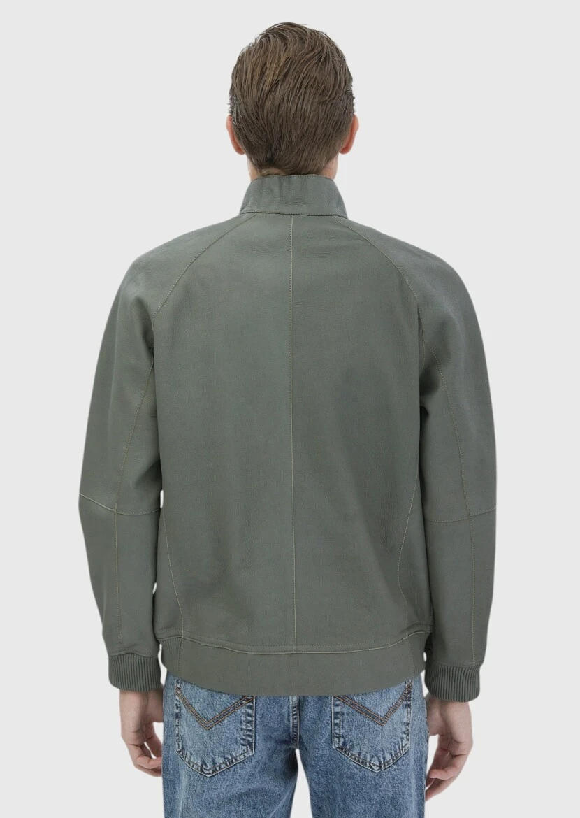 Light Green Regular Fit Turtleneck Casual Suede Leather Coat - 7