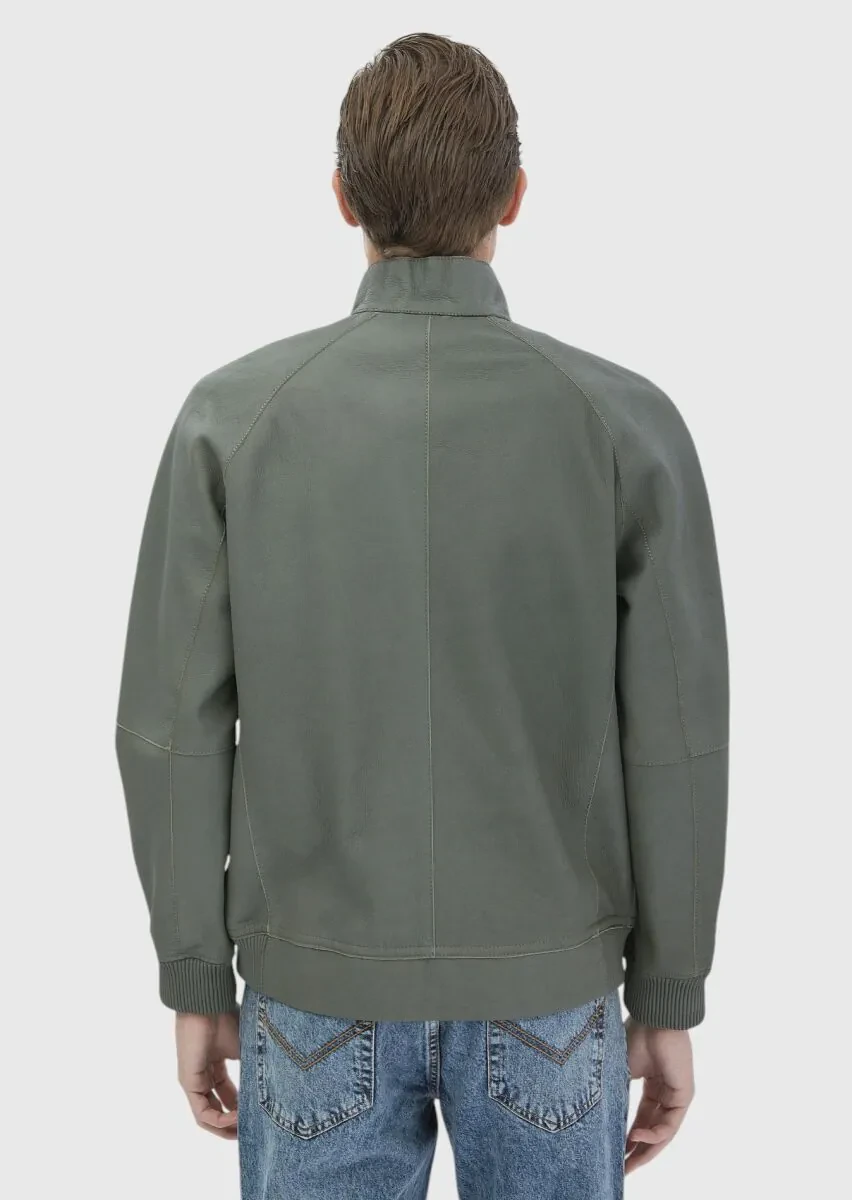 Light Green Regular Fit Turtleneck Casual Suede Leather Coat - 7