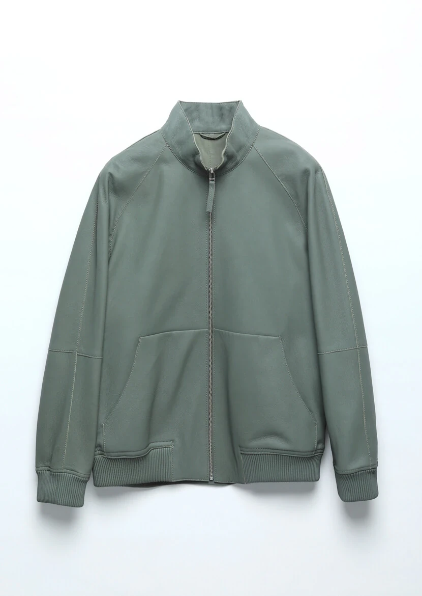 Light Green Regular Fit Turtleneck Casual Suede Leather Coat - 8