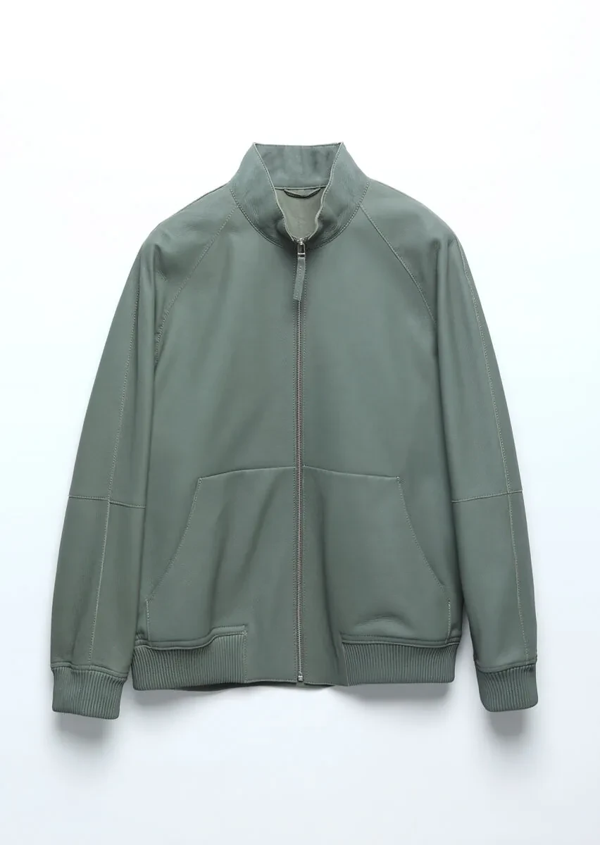 Light Green Regular Fit Turtleneck Casual Suede Leather Coat - 8