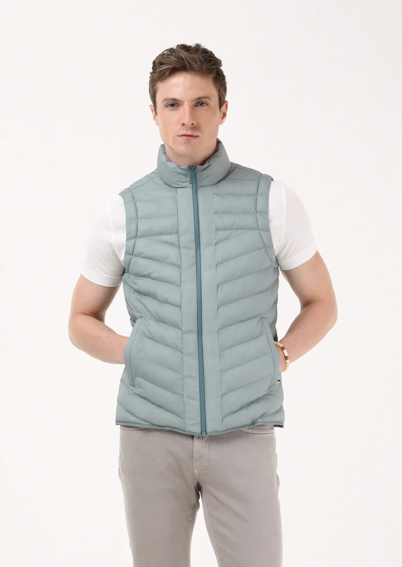 Light Green Regular Fit Turtleneck Casual Weaving Puffer Puffer Vest - 2