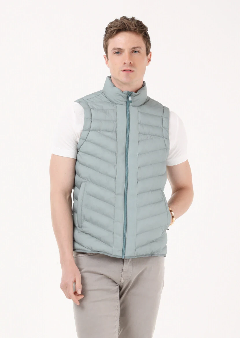 Light Green Regular Fit Turtleneck Casual Weaving Puffer Puffer Vest - 4