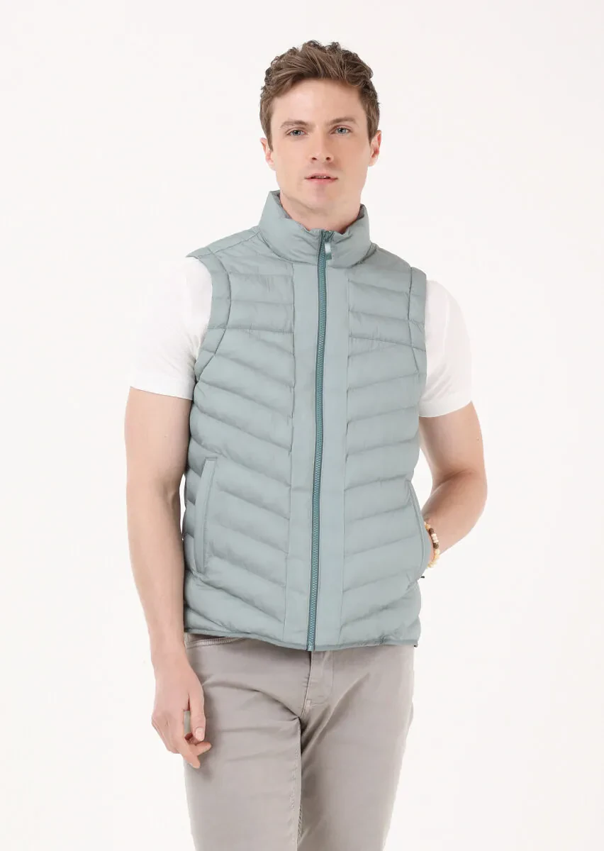 Light Green Regular Fit Turtleneck Casual Weaving Puffer Puffer Vest - 4