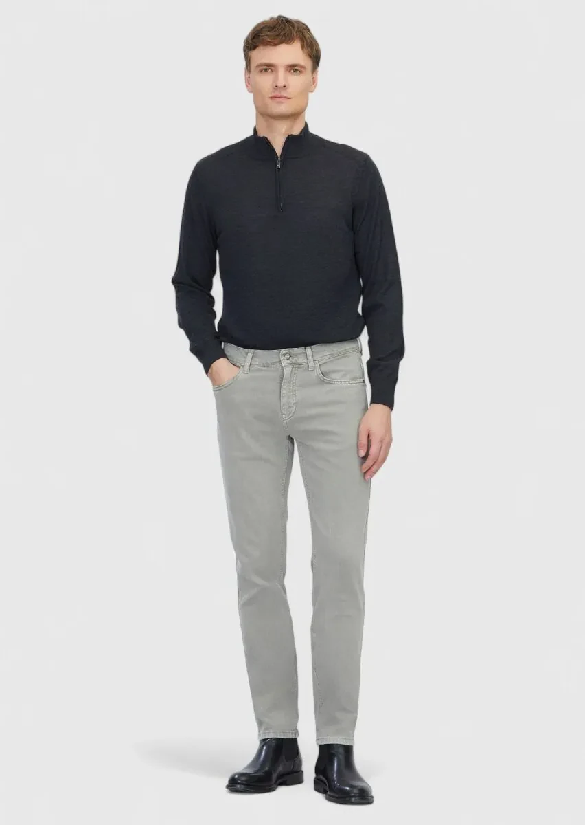 Light Green Slim Fit Denim Cotton Blended Trousers - 1