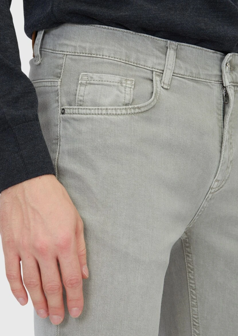 Light Green Slim Fit Denim Cotton Blended Trousers - 3