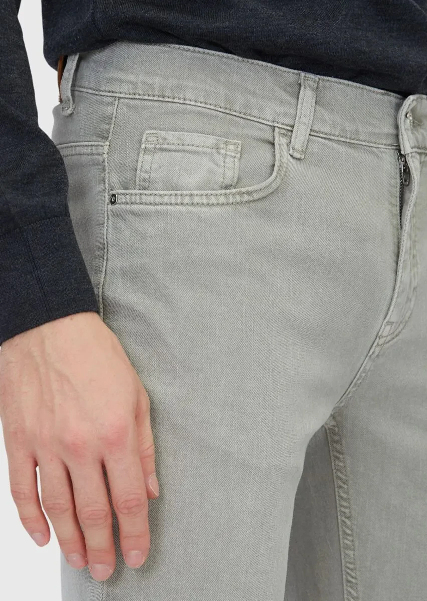 Light Green Slim Fit Denim Cotton Blended Trousers - 3