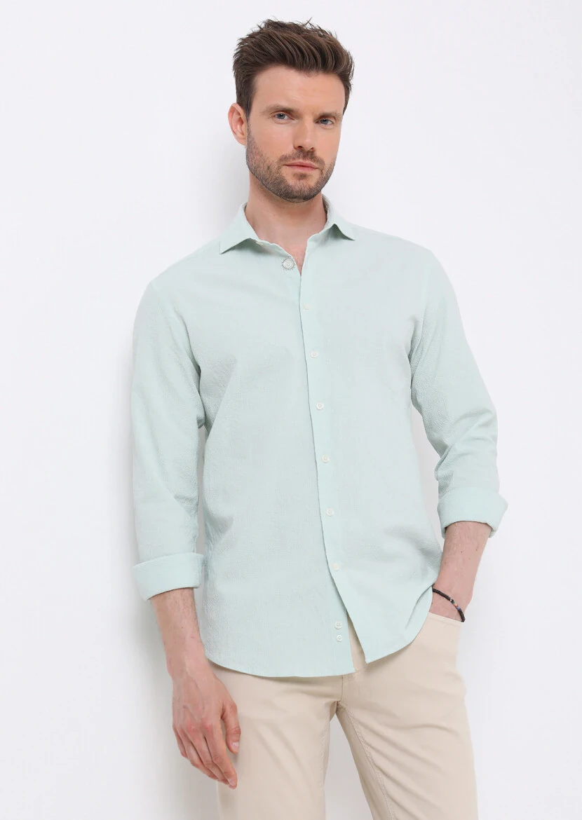 Light Green Slim Fit Weaving Casual Cotton Blended Shirt - 1