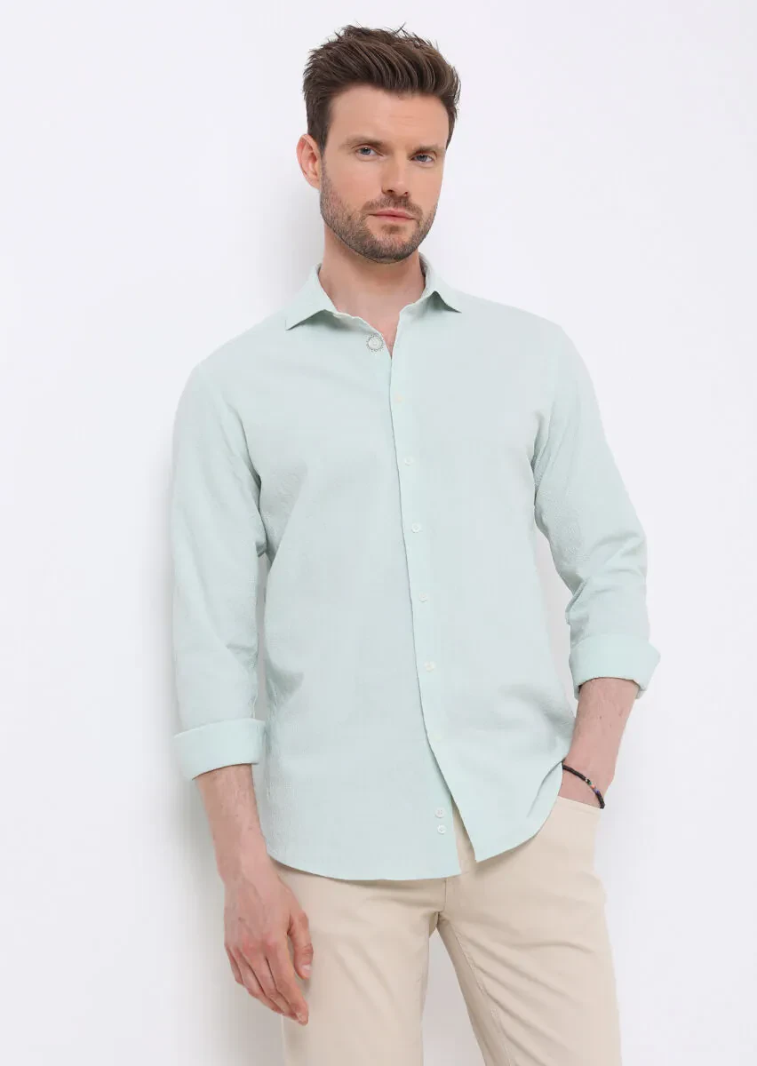 Light Green Slim Fit Weaving Casual Cotton Blended Shirt - 1