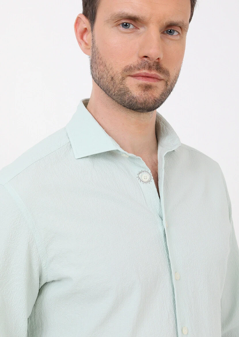 Light Green Slim Fit Weaving Casual Cotton Blended Shirt 