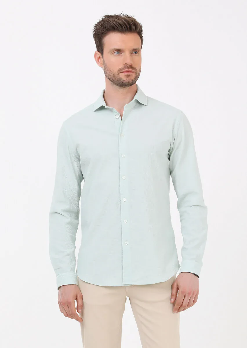 Light Green Slim Fit Weaving Casual Cotton Blended Shirt - 3