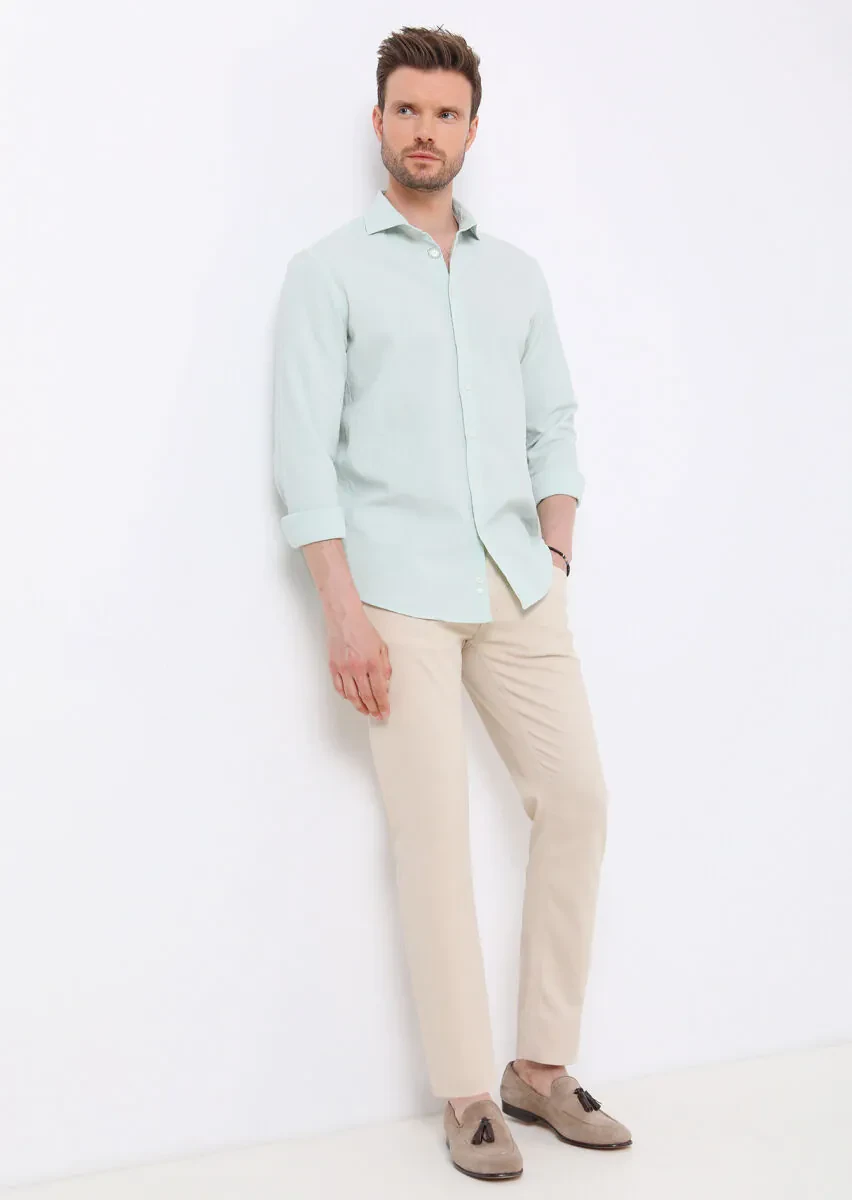 Light Green Slim Fit Weaving Casual Cotton Blended Shirt - 5