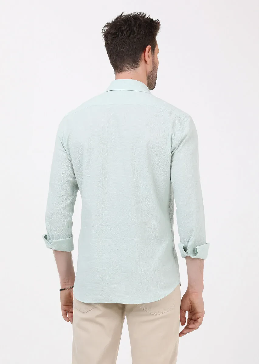 Light Green Slim Fit Weaving Casual Cotton Blended Shirt - 6