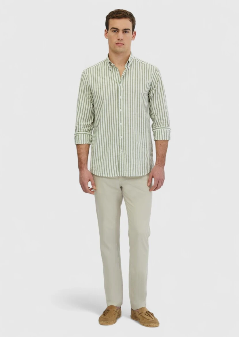 Light Green Striped Casual Fit Weaving Casual 100% Cotton Shirt - RAMSEY