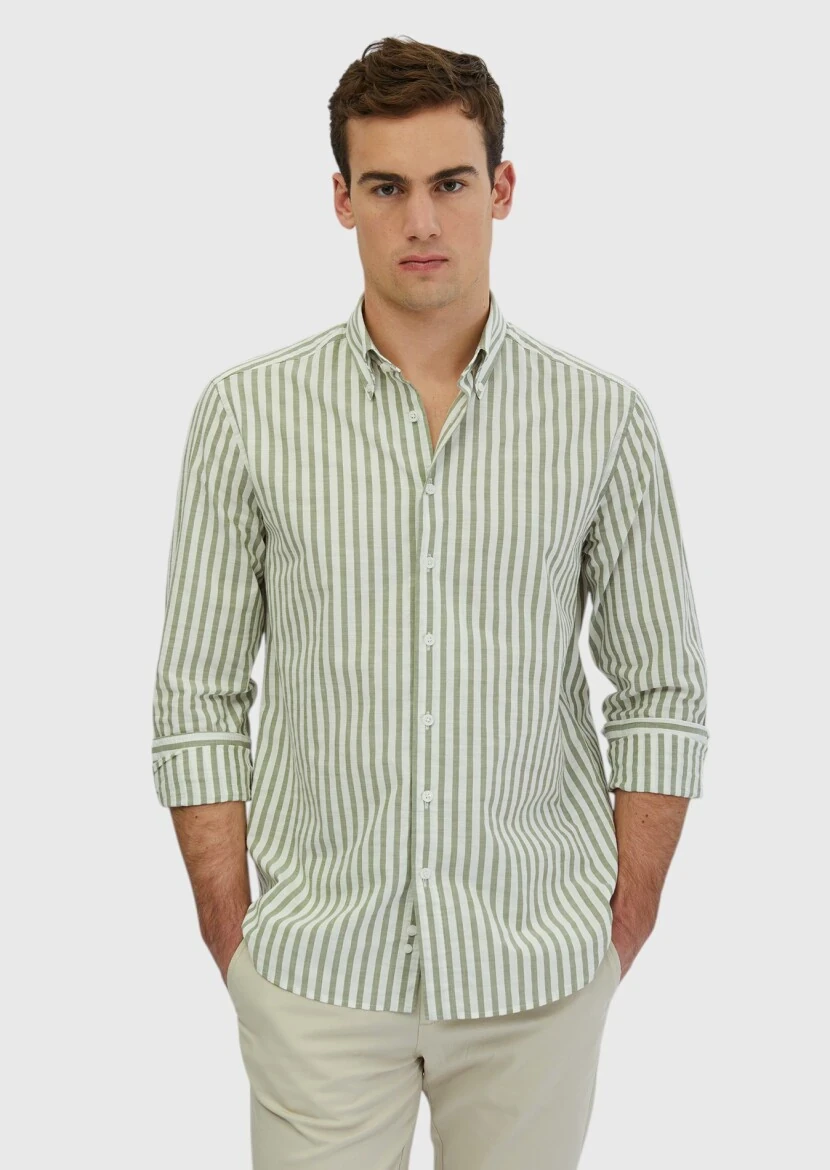 Light Green Striped Casual Fit Weaving Casual 100% Cotton Shirt - RAMSEY
