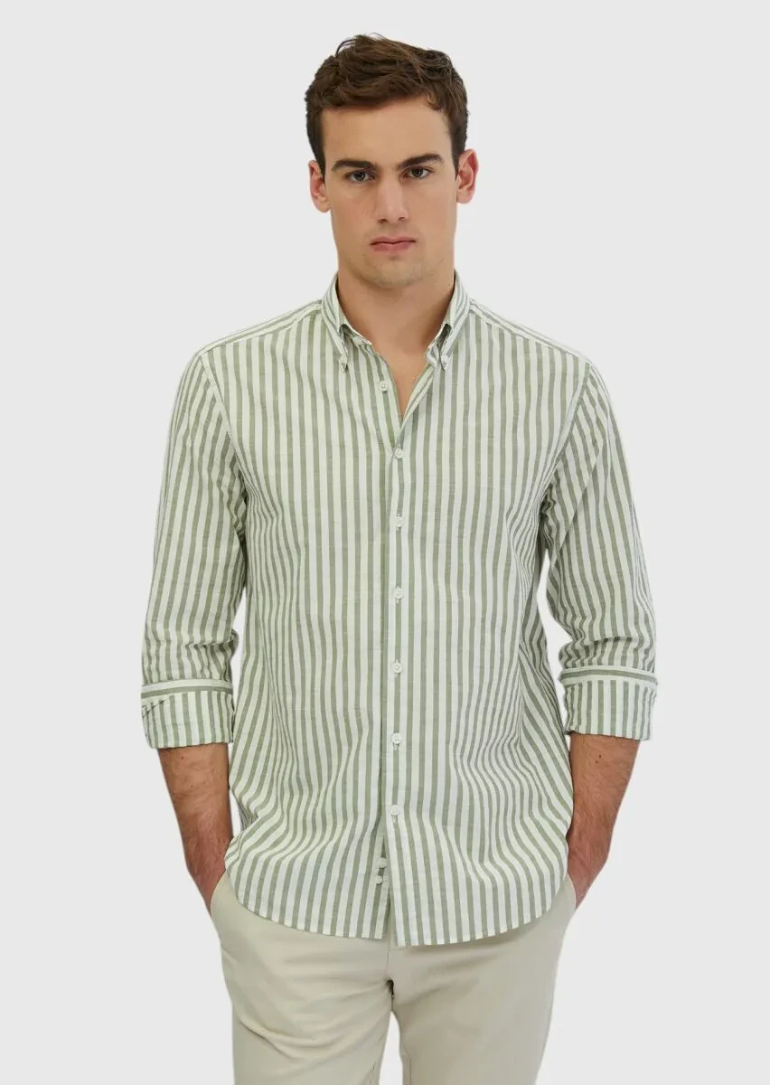 Light Green Striped Casual Fit Weaving Casual 100% Cotton Shirt - 2