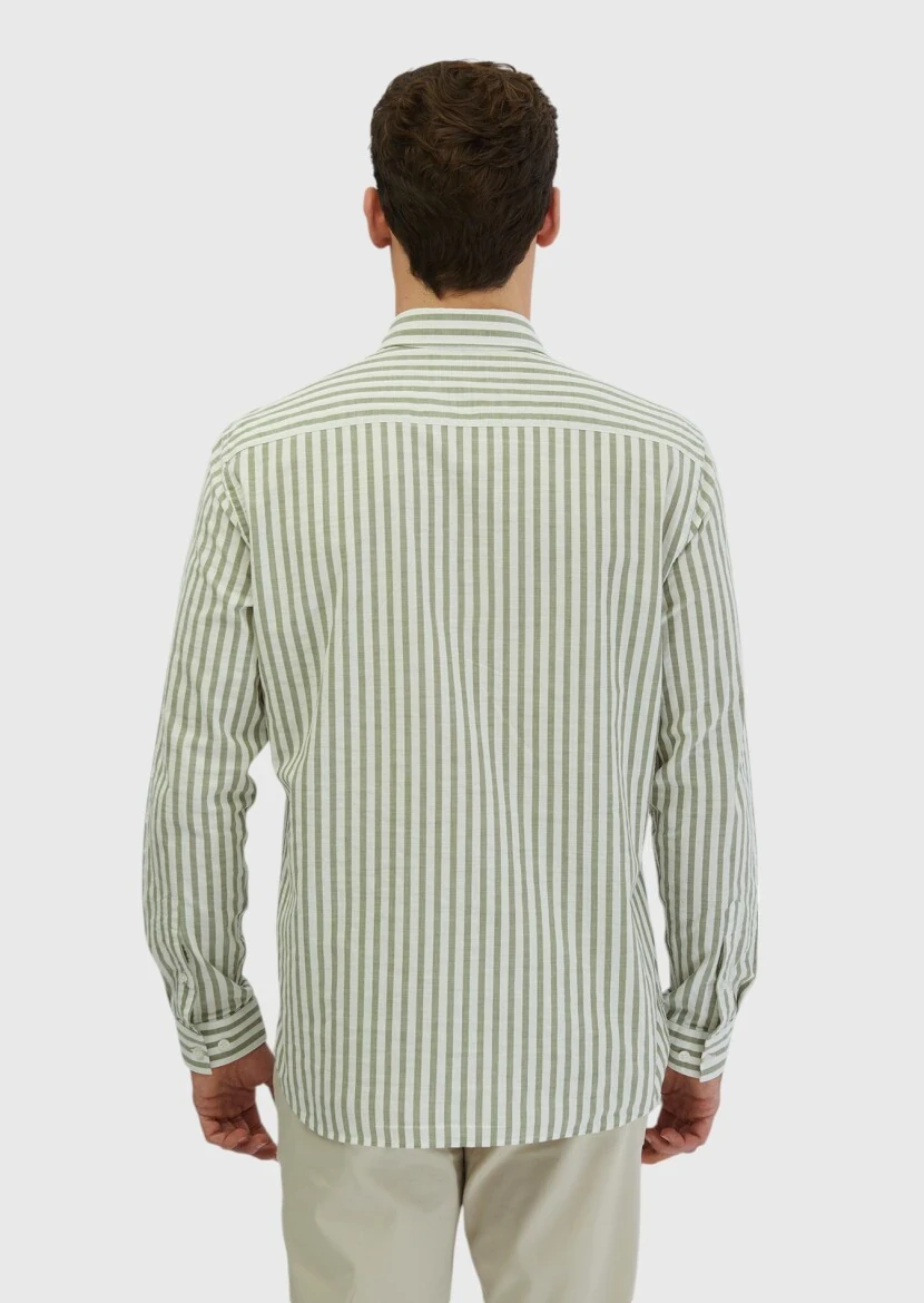 Light Green Striped Casual Fit Weaving Casual 100% Cotton Shirt - 3