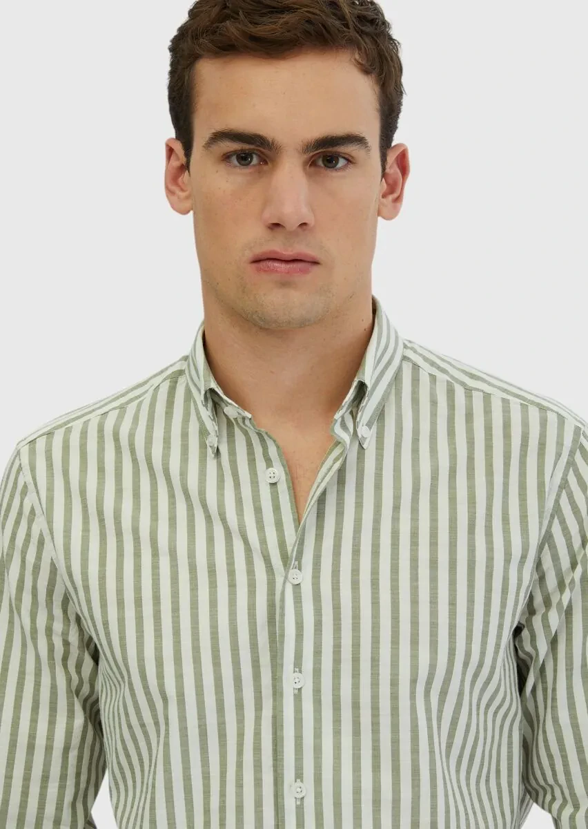 Light Green Striped Casual Fit Weaving Casual 100% Cotton Shirt - 4