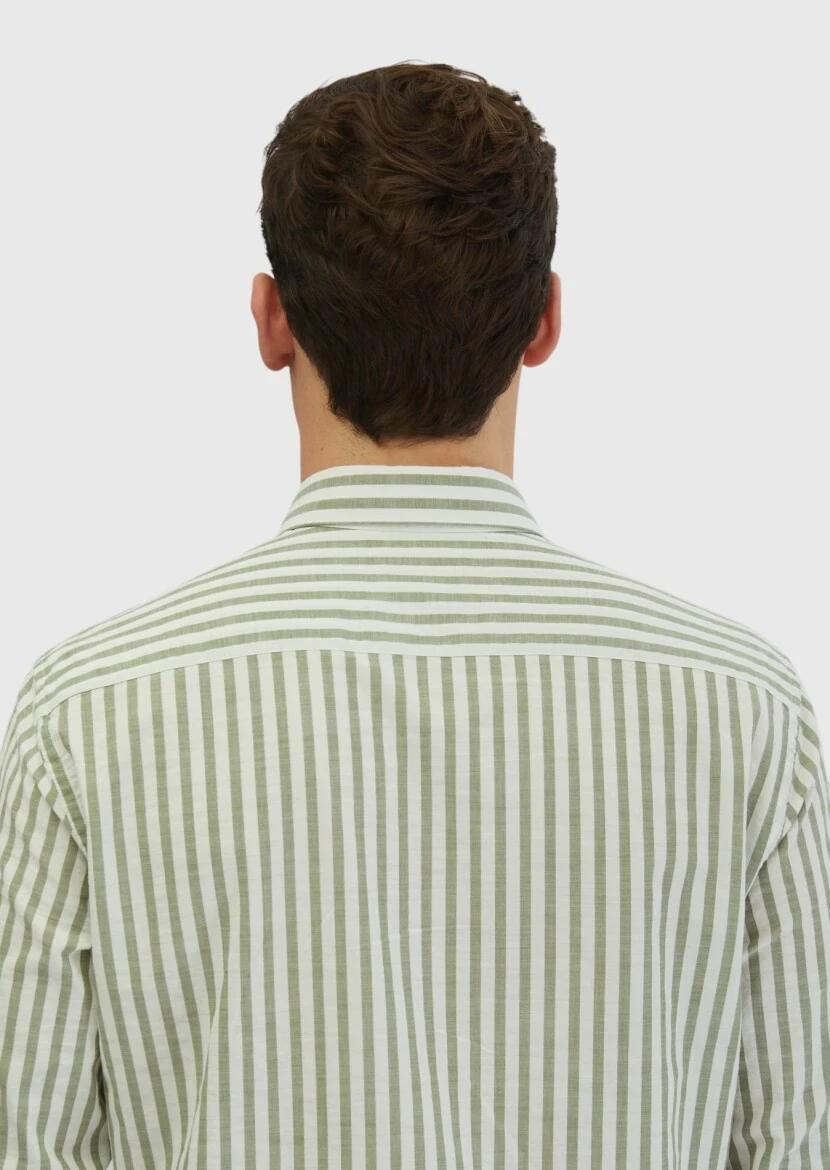 Light Green Striped Casual Fit Weaving Casual 100% Cotton Shirt - 5