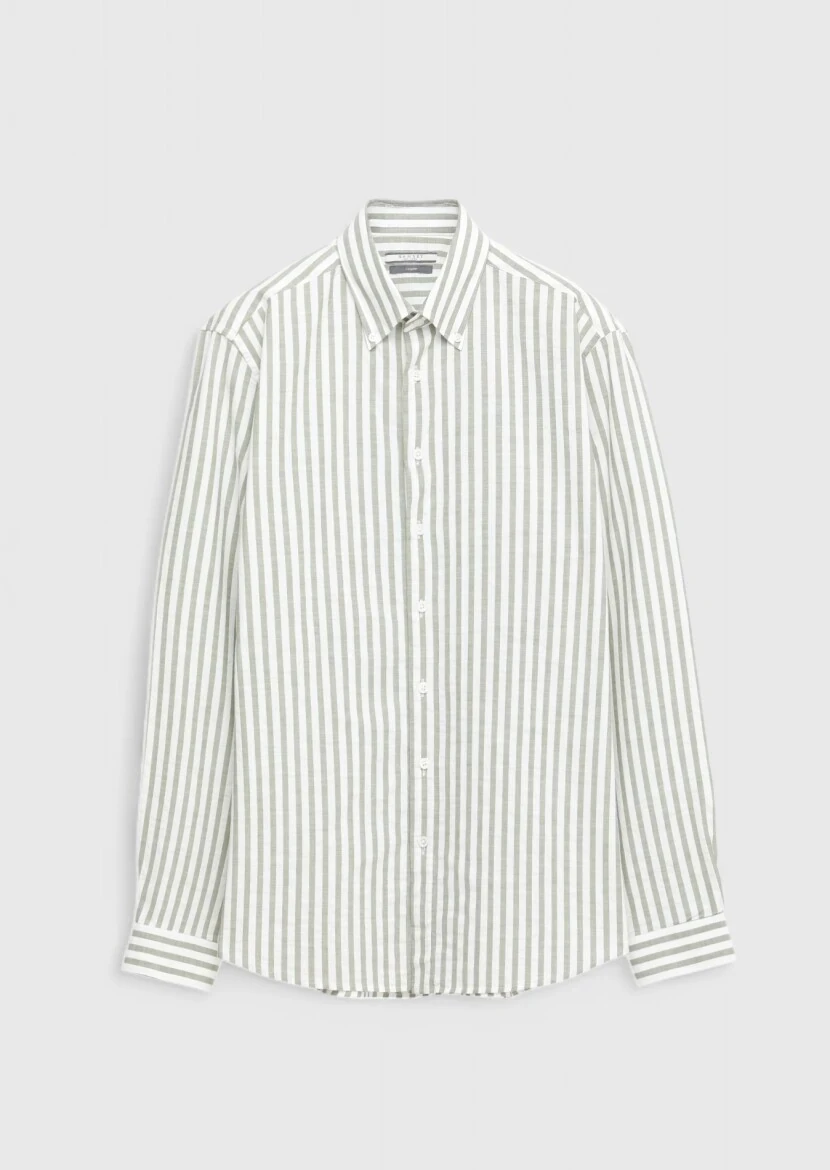 Light Green Striped Casual Fit Weaving Casual 100% Cotton Shirt - 6