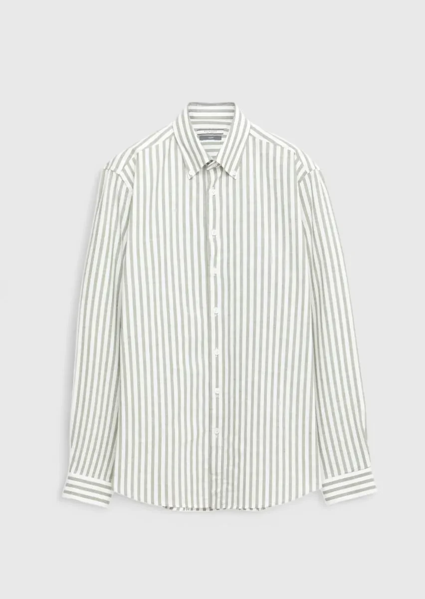 Light Green Striped Casual Fit Weaving Casual 100% Cotton Shirt - 6