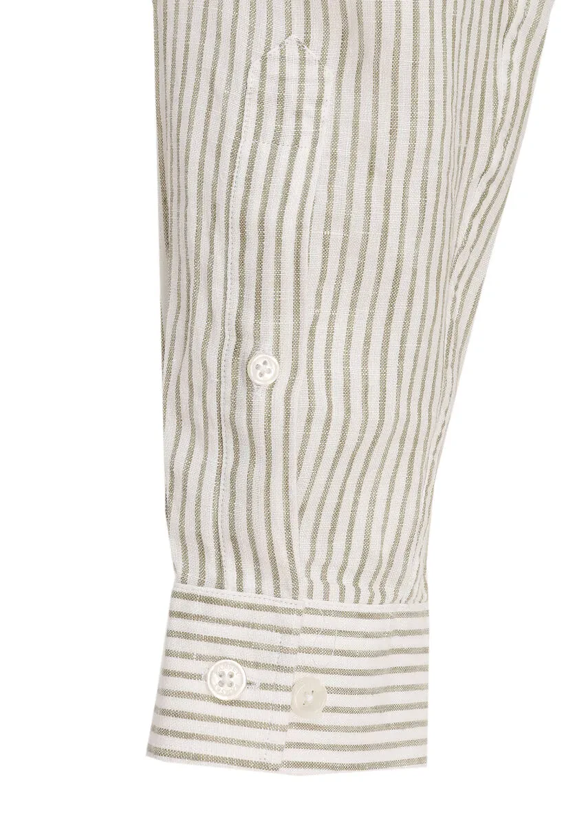 Light Green Striped Regular Fit Weaving Casual 100% Linen Shirt - 4