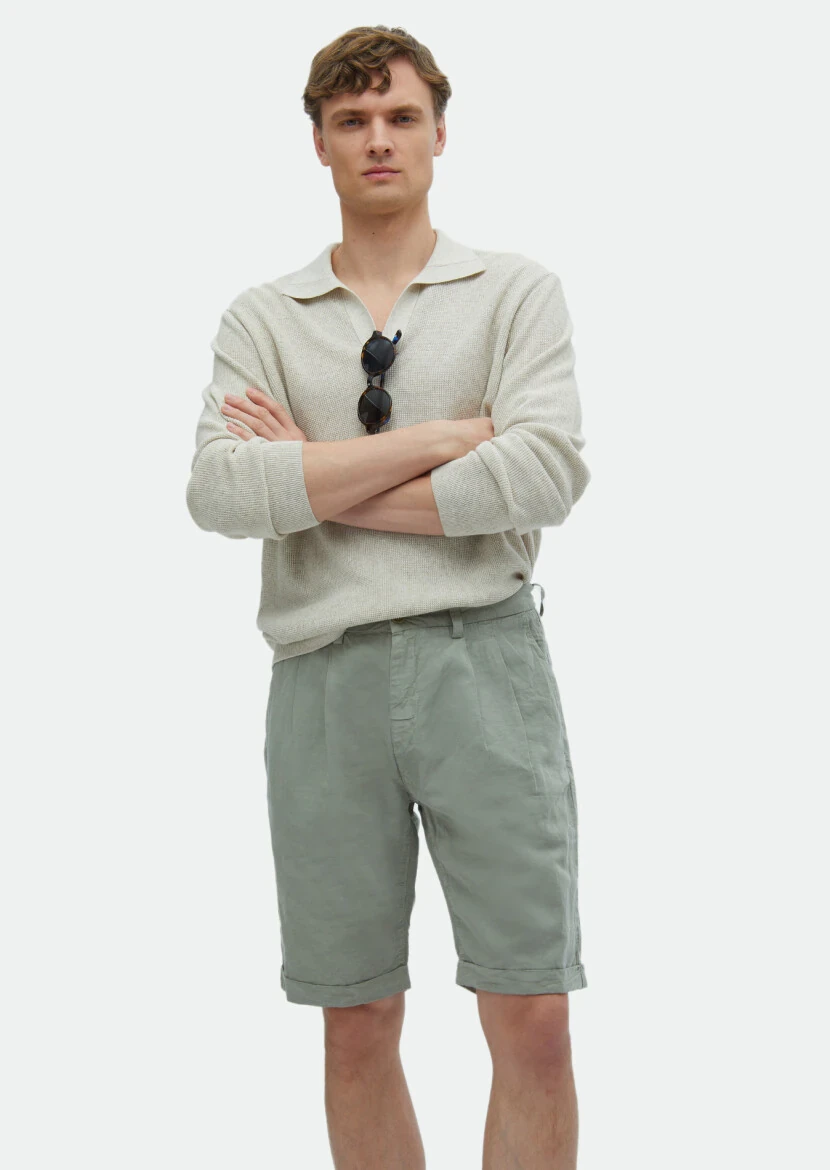 Light Green Weaving Carrot Fit Casual 100% Cotton Bermuda 