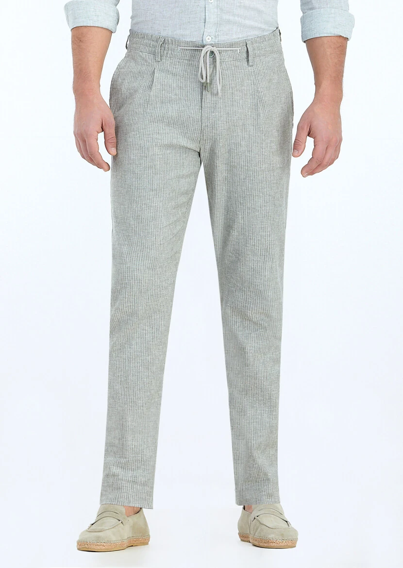 Light Green Weaving Jogging Fit Casual Cotton Blended Trousers - 2