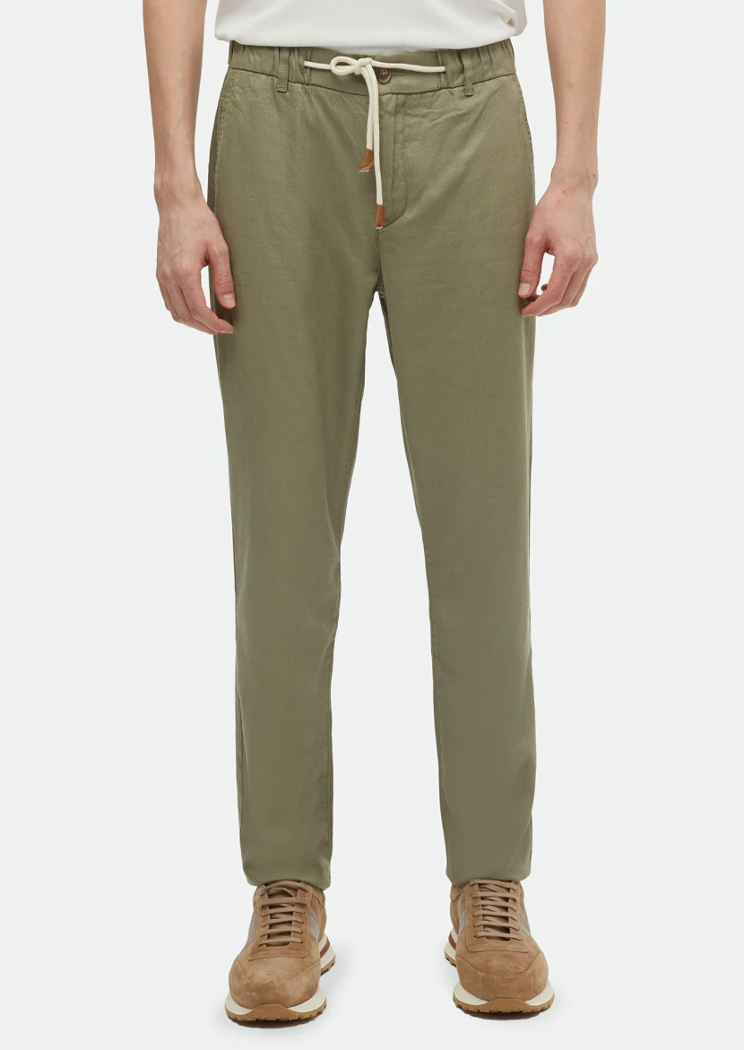 Light Green Weaving Jogging Fit Casual Cotton Blended Trousers - RAMSEY