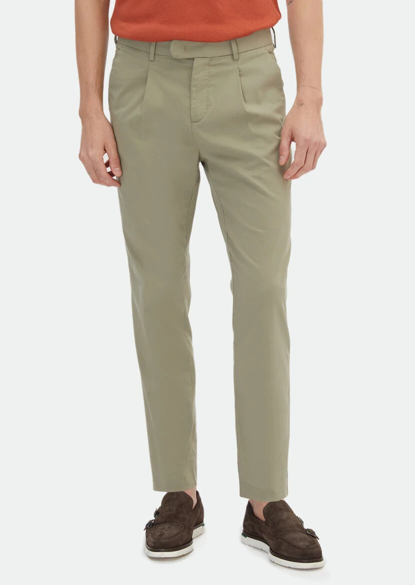 Light Green Weaving Regular Fit Casual Cotton Blended Trousers - RAMSEY