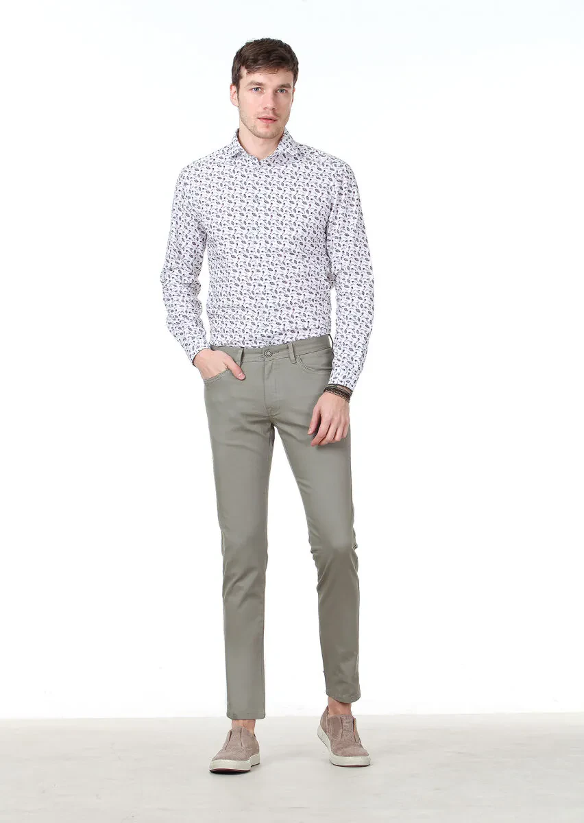 Light Green Weaving Slim Fit Casual Cotton Blended Trousers - 1