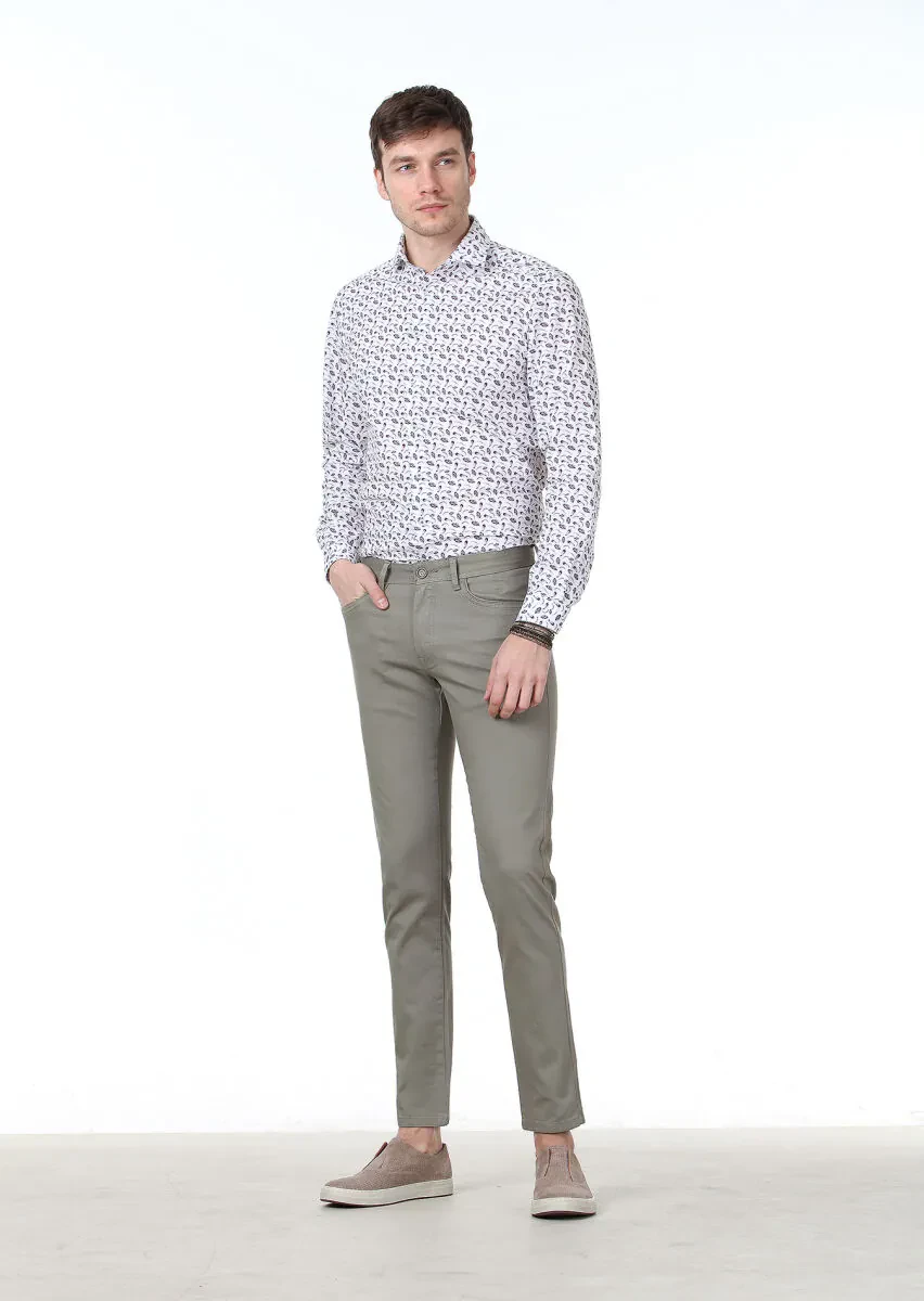 Light Green Weaving Slim Fit Casual Cotton Blended Trousers - 2