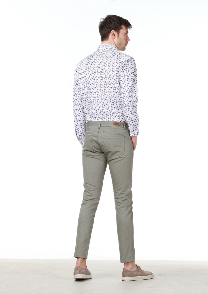 Light Green Weaving Slim Fit Casual Cotton Blended Trousers - 4