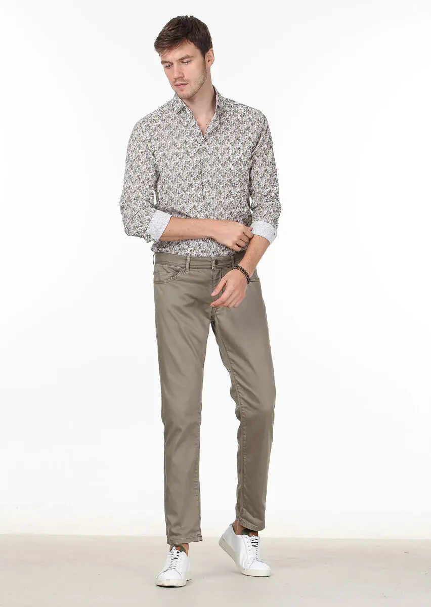 Light Green Weaving Slim Fit Casual Cotton Blended Trousers - 1