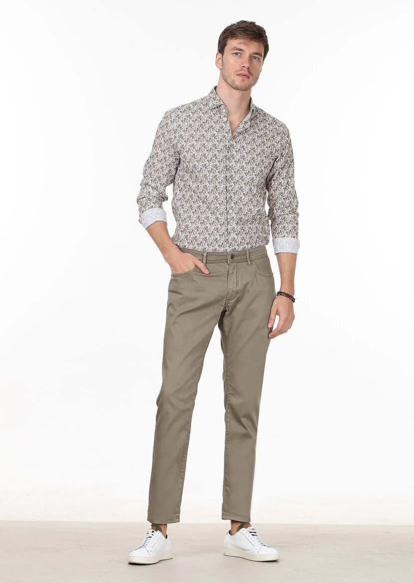 Light Green Weaving Slim Fit Casual Cotton Blended Trousers 