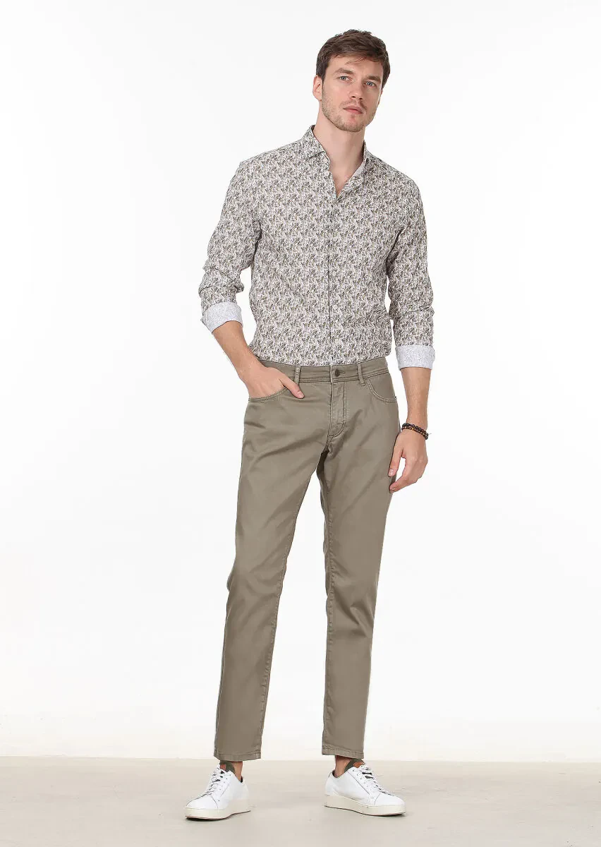 Light Green Weaving Slim Fit Casual Cotton Blended Trousers - 2