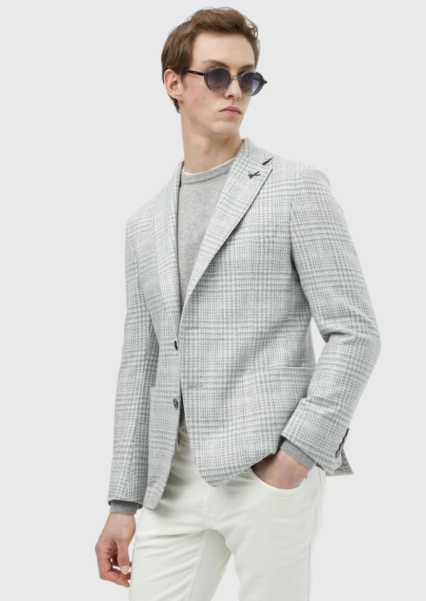 Light Grey Checkered Shirt Shoulder Slim Fit Wool Blended Jacket - RAMSEY