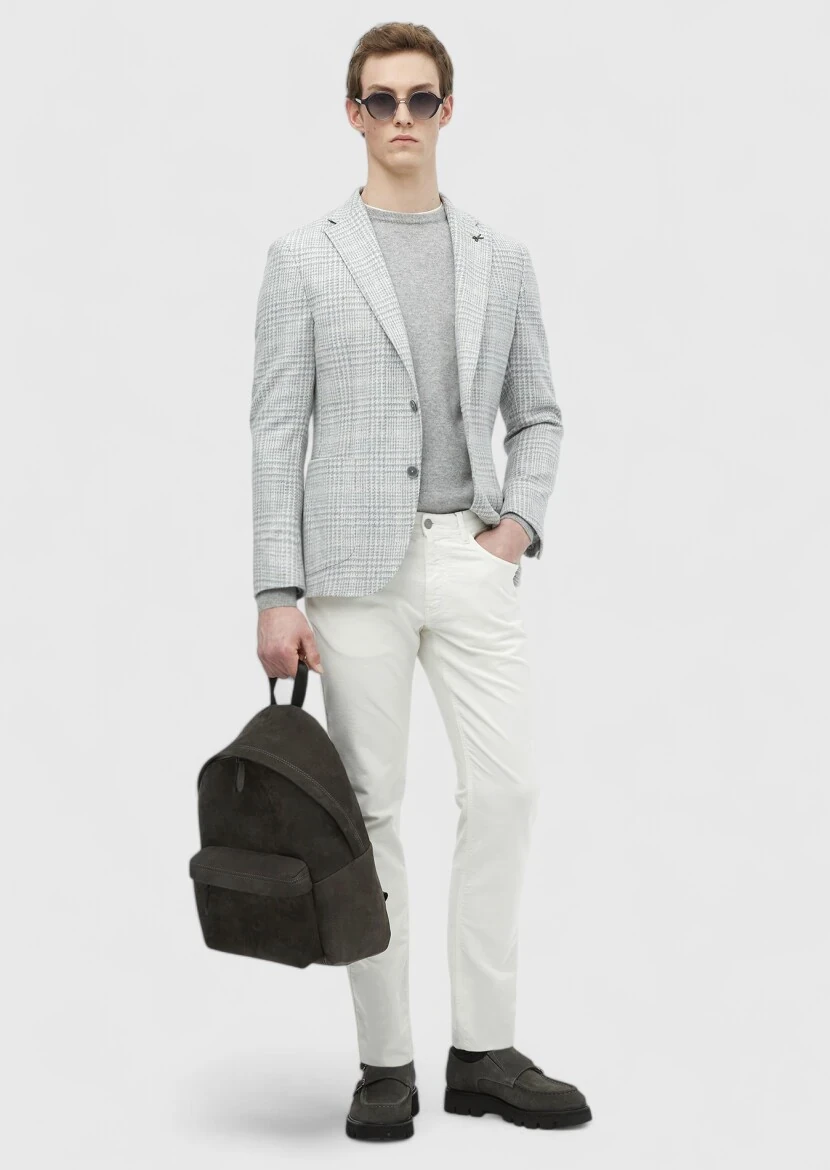 Light Grey Checkered Shirt Shoulder Slim Fit Wool Blended Jacket - RAMSEY