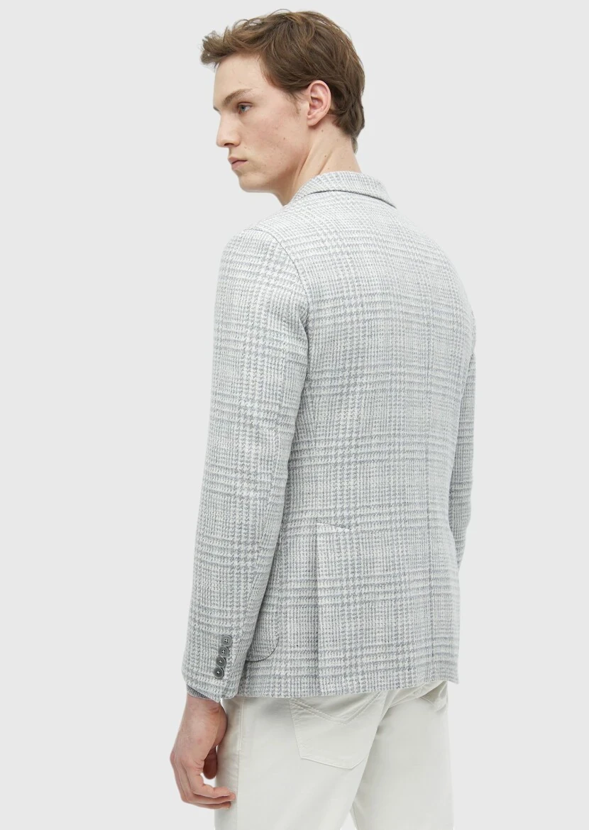 Light Grey Checkered Shirt Shoulder Slim Fit Wool Blended Jacket - 6