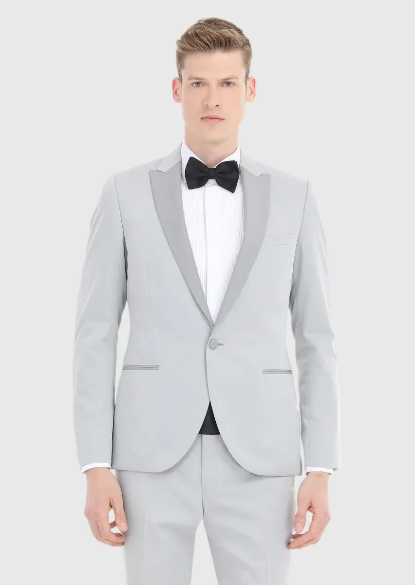 Light Grey Fashion Slim Fit Double Breasted Collar Weaving Tuxedo - 2