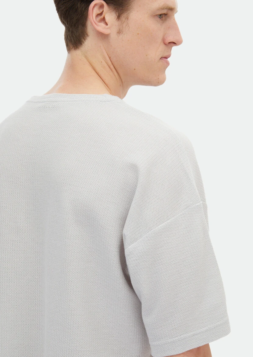 Light Grey Jacquard Crew Neck 100% Cotton T-Shirt - 7