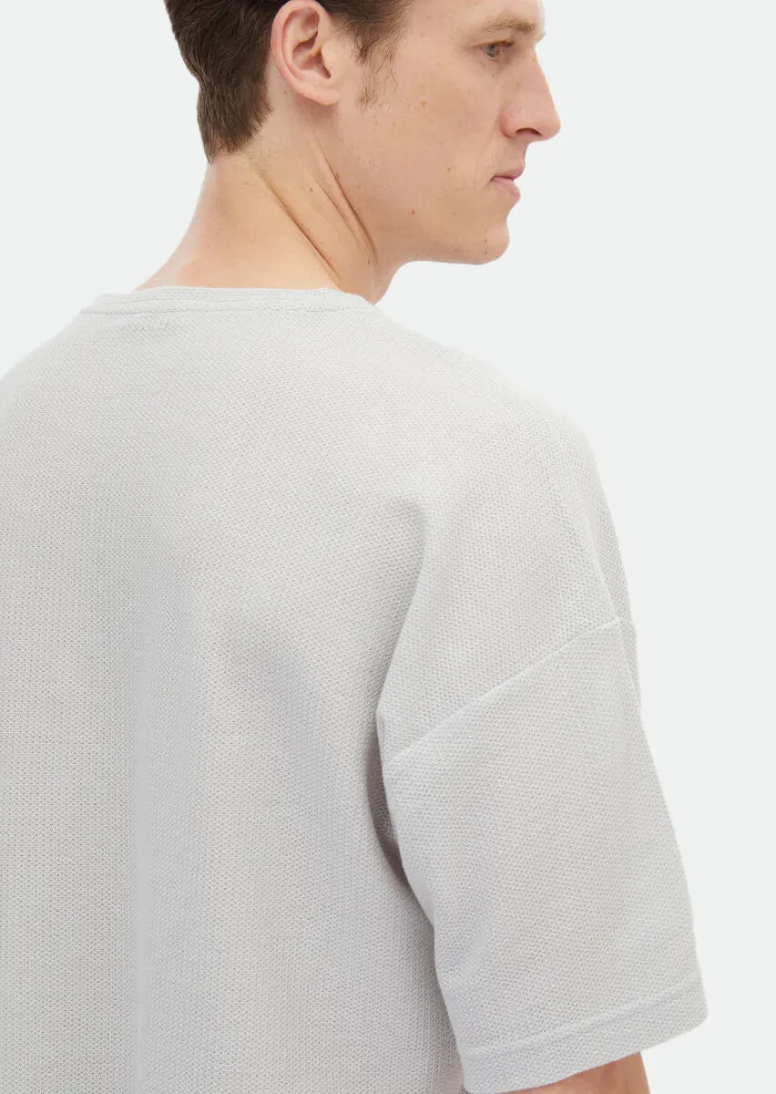 Light Grey Jacquard Crew Neck 100% Cotton T-Shirt - 7