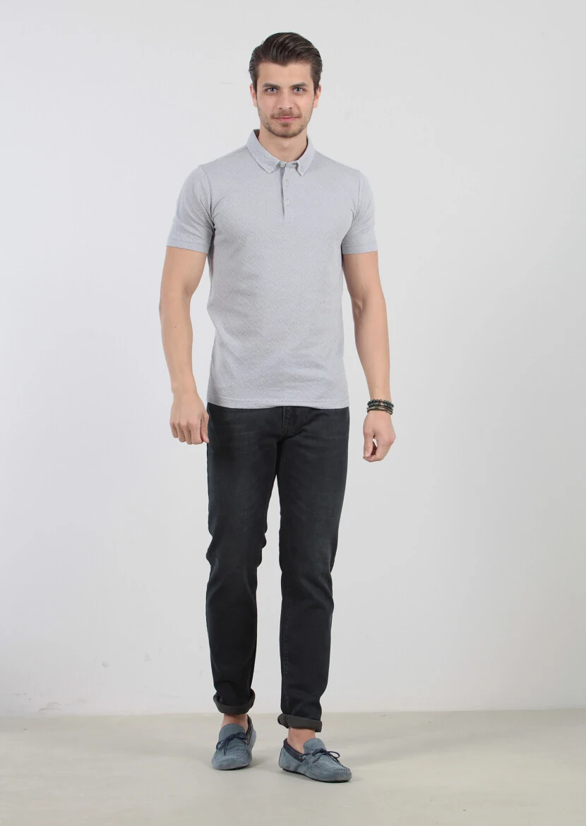 Light Grey Jacquard Polo Neck 100% Cotton T-Shirt - 1