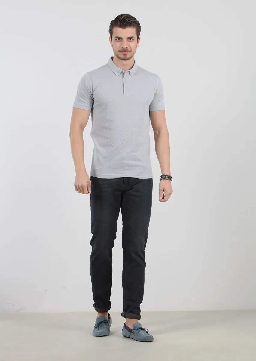 Light Grey Jacquard Polo Neck 100% Cotton T-Shirt - 1