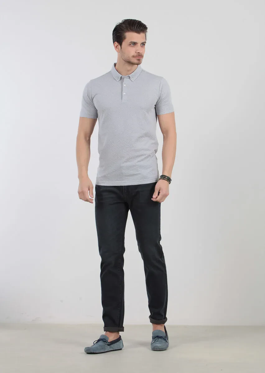 Light Grey Jacquard Polo Neck 100% Cotton T-Shirt - 2