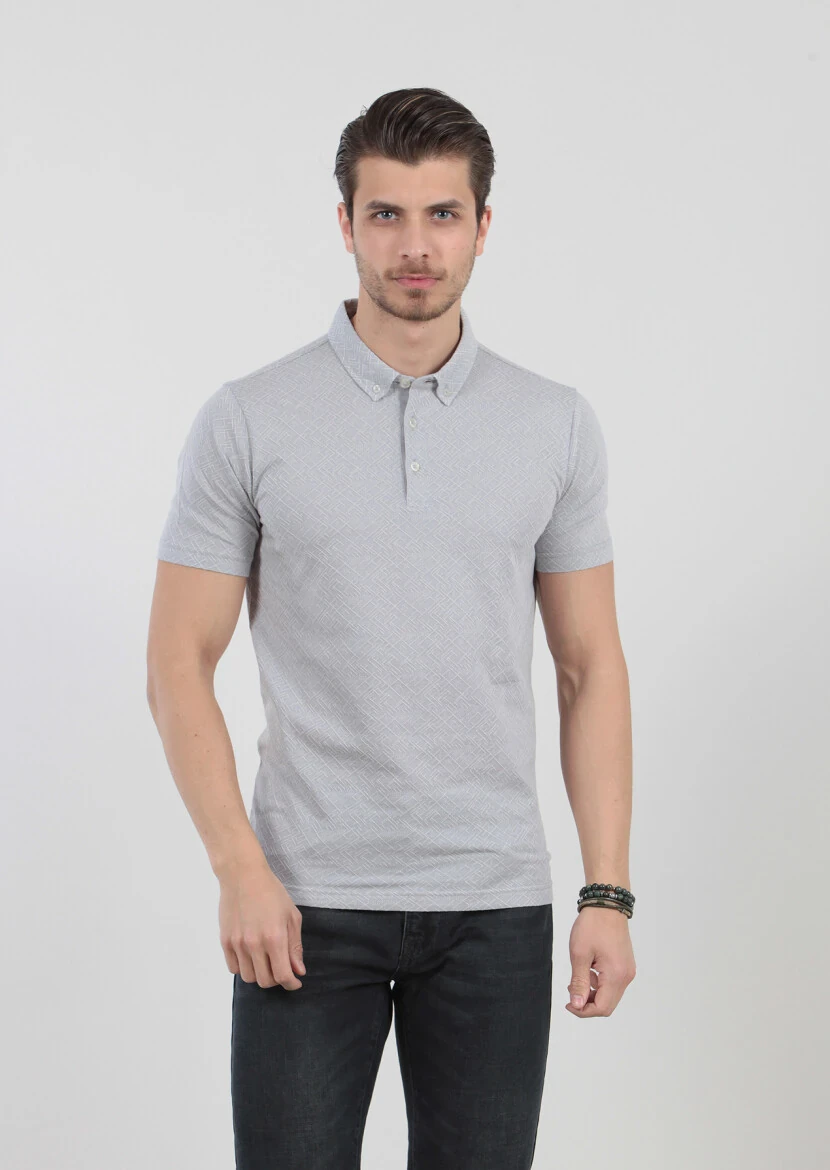 Light Grey Jacquard Polo Neck 100% Cotton T-Shirt - 3